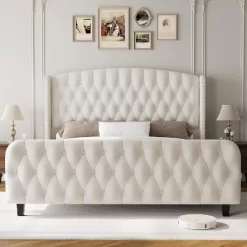51" Tall Queen/King Size Velvet Upholstered Platform Bed Frame With Button Tufted Wingback Headboard & Footboard, No Box Spring Needed