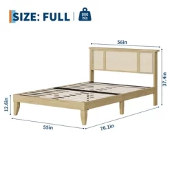 Garvee Bed Frame With Natural Rattan Headboard, Wood Slat Support, Metal Base
