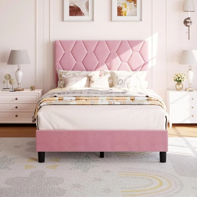 Twin/Full/Queen/King Size Bed Frame With Upholstered Headboard, Wood Slat Platform, No Box Spring Needed, Noise-Free, Easy Assembly, Pink 3 Twin/Full/Queen/King Size Bed Frame With Upholstered Headboard, Wood Slat Platform, No Box Spring Needed, Noise-Free, Easy Assembly, Pink