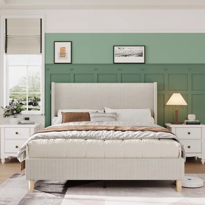Bed Frame, Corduroy Upholstered Queen Bed Frame With Wingback Headboard, No Box Spring Needed, Solid Wooden Slats, Noise Free 10 Bed Frame, Corduroy Upholstered Queen Bed Frame With Wingback Headboard, No Box Spring Needed, Solid Wooden Slats, Noise Free - Image 8