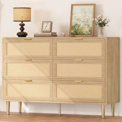 Garvee 6 Drawer Rattan Dresser With Gold Legs And Handles, Wide Double Storage Chest With Anti-Tipping Design For Bedroom Or Living Room 9 Garvee 6 Drawer Rattan Dresser With Gold Legs And Handles, Wide Double Storage Chest With Anti-Tipping Design For Bedroom Or Living Room - Image 7