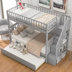 Twin Over Twin Bunk Bed,Solid Wood Bedframe With Trundle And Staircase For Kids/Teens Grown-ups, Multi-bed Design For Small Units With Storage Space