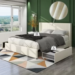 Queen Size Platform Bed Frame, 2-Drawer Storage Bed Frame Queen Size Velvet Upholstered Wingback Platform Bed, With Headboard, No Box Spring Needed