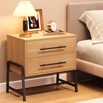 Farmhouse Nightstand With Drawers, Light Wood Side Table With Metal Legs 5 Farmhouse Nightstand With Drawers, Light Wood Side Table With Metal Legs - Image 3