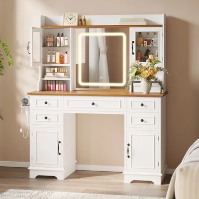 Vanity Desk With LED Lighted Mirror, Makeup Vanity Table With 5 Drawers, 4 Doors, And 3 Storage Shelves For Bedroom, Dressing Room 3 Vanity Desk With LED Lighted Mirror, Makeup Vanity Table With 5 Drawers, 4 Doors, And 3 Storage Shelves For Bedroom, Dressing Room