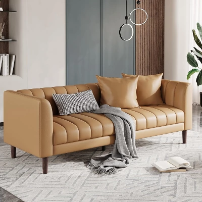 Faux Leather Sofa Couch, Modern 78" W Sofa With Deep Seats, 3 Seater Sofa Couch With 2 Throw Pillows And Wood Legs, For Living Room 10 Faux Leather Sofa Couch, Modern 78" W Sofa With Deep Seats, 3 Seater Sofa Couch With 2 Throw Pillows And Wood Legs, For Living Room - Image 8