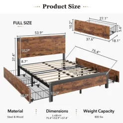 Bed Frame With Storage Drawers - Heavy Duty Metal Platform With Wooden Headboard, No Box Spring Needed, Easy Assembly, Vintage Brown