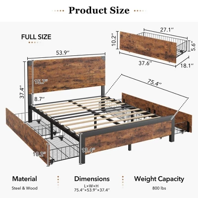 Bed Frame With Storage Drawers - Heavy Duty Metal Platform With Wooden Headboard, No Box Spring Needed, Easy Assembly, Vintage Brown 3 Bed Frame With Storage Drawers - Heavy Duty Metal Platform With Wooden Headboard, No Box Spring Needed, Easy Assembly, Vintage Brown