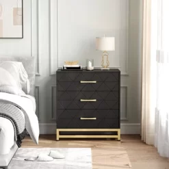 3 Drawer Dresser, Wood Chest Drawers With Storage For Closet, Bedroom, Drawers Dresser Modern Bedside Nightstand With Gold Handles
