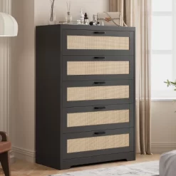 Tall Rattan Dresser With 5 Drawers,Wooden Spacious Storage Chest Of Drawers With Wide Top,Handles,Easy To Assemble,Modern Dresser -Garvee GUEST de55c55a 6f3e 4572 83bf 0d9249af19fe