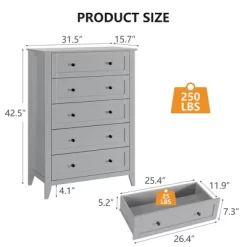 Dresser For Bedroom With 6 Drawers, 31.5" Farmhouse Chest Of Drawers Closet With Metal Handle, Wooden Dresser Organizer, For Bedroom, Living Room