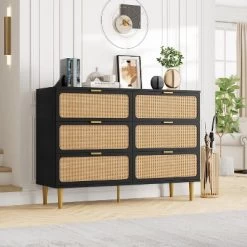 Rattan 6 Drawer Dressers For Bedroom, Large Double Dresser With Deep Drawers, Chest Of Drawers For Closet With Wide Top, Long Wooden Dresser -Garvee GUEST defa30a3 e317 4336 a88c eaba1e7cfaa3
