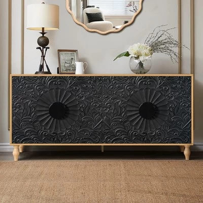 Sideboard Buffet, Wood Floor Cabinet With Carved Flower Door, Metal Handle, Freestanding Sideboard 8 Sideboard Buffet, Wood Floor Cabinet With Carved Flower Door, Metal Handle, Freestanding Sideboard - Image 6