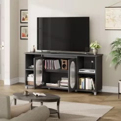 Modern TV Stand For 65 Inch, Black Entertainment Center With Storage Shelves & Glass Doors – Wooden Media Console Cabinet For Living Room
