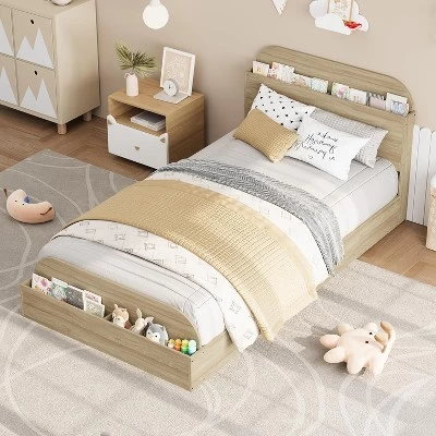 Twin Size Wood Bed Frame With Storage Headboard And Raised-Foodboard For Kid, Twin-Floor Low Platform Bed For Bedroom, No Box Spring Needed 6 Twin Size Wood Bed Frame With Storage Headboard And Raised-Foodboard For Kid, Twin-Floor Low Platform Bed For Bedroom, No Box Spring Needed - Image 4