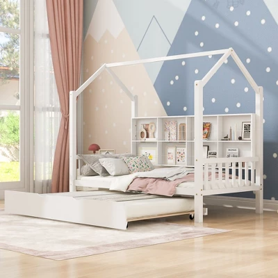 Solid Wooden Twin Size House Bed With Trundle, Storage Shelves, Kids Bed, No Box Spring Needed 3 Solid Wooden Twin Size House Bed With Trundle, Storage Shelves, Kids Bed, No Box Spring Needed