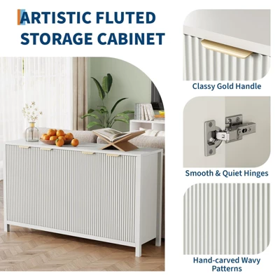 55" Modern Fluted Sideboard Buffet Cabinet With Storage, Wood Coffee Bar Buffet Table With 4 Doors & Adjustable Shelves 4 55" Modern Fluted Sideboard Buffet Cabinet With Storage, Wood Coffee Bar Buffet Table With 4 Doors & Adjustable Shelves - Image 2