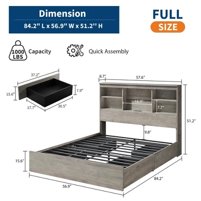 Farmhouse Full/Queen/King Bed Frame With 51" Storage Headboard, 4 Drawers & Charging Station, 1000Lbs Capacity, No Box Spring Needed, Noise-Free 3 Farmhouse Full/Queen/King Bed Frame With 51" Storage Headboard, 4 Drawers & Charging Station, 1000Lbs Capacity, No Box Spring Needed, Noise-Free