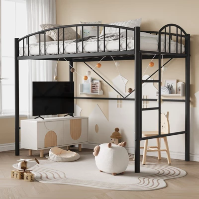 Garvee Loft Bed Twin Size, Heavy Duty Metal Loft Bed Frame With Arched Guardrail And Safety Ladder, Space-Saving, No Box Spring Needed, Black 4 Garvee Loft Bed Twin Size, Heavy Duty Metal Loft Bed Frame With Arched Guardrail And Safety Ladder, Space-Saving, No Box Spring Needed, Black - Image 2