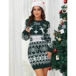 Women's Cute Ugly Christmas Sweater Dress Long Sleeve Crew Neck Pullover Reindeer Snowflakes Printed Holiday Mini Sweater Dress -Garvee GUEST e3f7086b a6d3 4c8a 9412 53fbbdeb248c