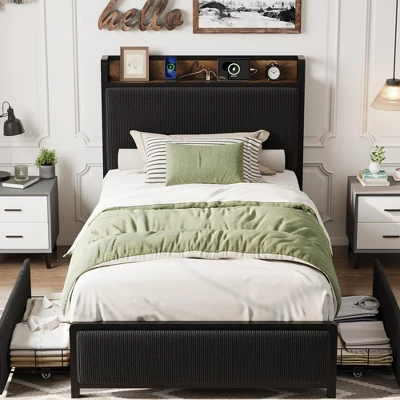 Bed Frame With 2 Storage Drawers And Charging Station, Rustic Linen Upholstered Platform Bedframe With Storage Headboard, 4 Bed Frame With 2 Storage Drawers And Charging Station, Rustic Linen Upholstered Platform Bedframe With Storage Headboard, - Image 2