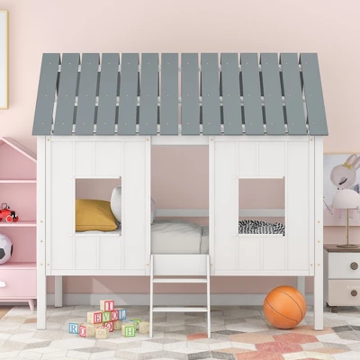 Twin House Bed For Kids Wood Low Loft Bed Frame With Windows And Roof, Easy Assembly White 4 Twin House Bed For Kids Wood Low Loft Bed Frame With Windows And Roof, Easy Assembly White - Image 2