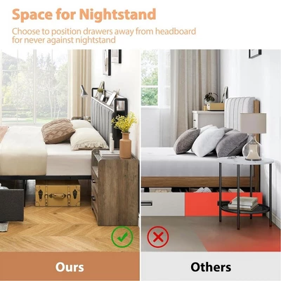 Whizmax Four Size Bed Frame With 2 Storage Drawers And Charging Station, Rustic Linen Upholstered Platform Bed Frame With Storage Headboard, Gray 7 Whizmax Four Size Bed Frame With 2 Storage Drawers And Charging Station, Rustic Linen Upholstered Platform Bed Frame With Storage Headboard, Gray - Image 5