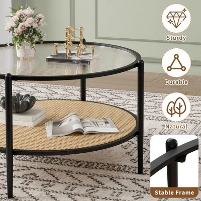30" Rattan Coffee Table, 2-Tier Round End Table With Storage, Round Water-Wave Glass Metal Center Tables 4 30" Rattan Coffee Table, 2-Tier Round End Table With Storage, Round Water-Wave Glass Metal Center Tables - Image 2