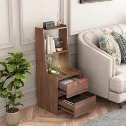 Tall Nightstand With Charging Station & Night Light, Voice Control, Wooden Large Bedside Tables With Storage Cabinet And Bookshelf For Bedroom -Garvee GUEST e60d1192 2098 4eac af3b 60032d3037ee