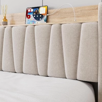 Full/Queen Size Upholstered Bed Frame With Storage Headboard, Drawer, Charging Station, Linen Platform, No Box Spring Needed 5 Full/Queen Size Upholstered Bed Frame With Storage Headboard, Drawer, Charging Station, Linen Platform, No Box Spring Needed - Image 3