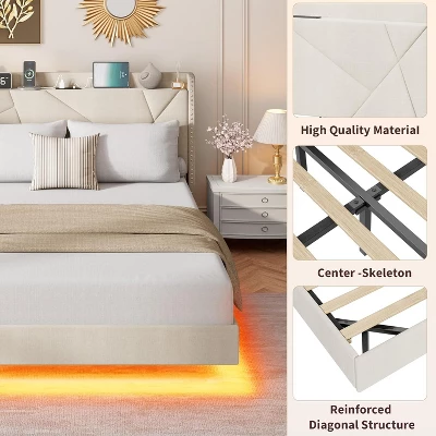 Full/Queen Size Floating Bed Frame With RGB LED Lights & Charging Station - Upholstered Suspended Bed, Storage Headboard, No Box Spring Needed 9 Full/Queen Size Floating Bed Frame With RGB LED Lights & Charging Station - Upholstered Suspended Bed, Storage Headboard, No Box Spring Needed - Image 7