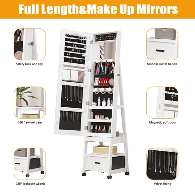 Swivel Jewelry Cabinet, Lockable Standing Jewelry Organizer With Full-Length Mirror, Rear Storage Shelves, Interior Mirror, Jewelry 9 Swivel Jewelry Cabinet, Lockable Standing Jewelry Organizer With Full-Length Mirror, Rear Storage Shelves, Interior Mirror, Jewelry - Image 7