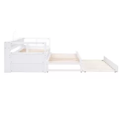 Twin XL Daybed With 2 Trundles 1 Light For Free USB Charging Design Wooden Bed Frame With 3 Storage Cubbies For Kids Teens -Garvee GUEST e7429135 2ce0 427e 923c 8888d7aae6bc