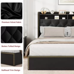 Garvee Upholstered Queen Size Bed Frame With 4 Drawers, Black Velvet Queen Platform With Tufted Headboard And Nailhead Design, No Box Spring Needed -Garvee GUEST e7a88127 16ae 4402 814e 6e8a2fa51068