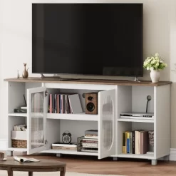 70" Rustic TV Stand - Entertainment Center With Corrugated Glass Cabinet Doors & Open Shelves -Garvee GUEST e7b8bb94 edfe 4998 8387 8db8d478d02b
