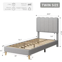 Boucle Upholstered Platform Bed With Wave Headboard For Kids, Easy Assembly, Wooden Slats Support, No Box Spring Needed