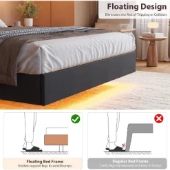 Floating Bed Frame With LED Lights & USB Charging Station – Modern Upholstered Platform Bed With Headboard, Solid Wood Slats Support 13 Floating Bed Frame With LED Lights & USB Charging Station – Modern Upholstered Platform Bed With Headboard, Solid Wood Slats Support -Garvee GUEST e87444a2 7cc7 4165 9929 9e7e52fccd8d