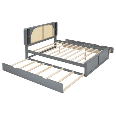 Queen Size Bed Frame With Trundle, Wood Platform Bed With Rattan Headboard & 2 Drawers, Wooden Slats Support, No Box Spring Required 7 Queen Size Bed Frame With Trundle, Wood Platform Bed With Rattan Headboard & 2 Drawers, Wooden Slats Support, No Box Spring Required - Image 5