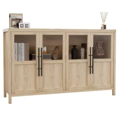 Sideboard Buffet Cabinet With 4 Glass Doors, 55" Large Modern Farmhouse Storage Cabinet Table, Pear Wood Finish, Buffet Hutch -Garvee GUEST e92c389d 8910 4605 bde9 7f59a97ffeba