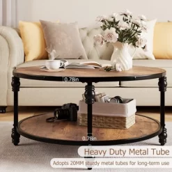 Whizmax Round Coffee Table, Rustic Wooden Surface Top & Sturdy Metal Legs Industrial Sofa Table For Living Room -Garvee GUEST e94be6d2 42e3 45ef 82d6 1e285f52edf9