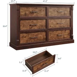6 Drawer Dresser For Bedroom, Framhouse Large Chest Of Drawers With Metal Handles, Rustic Double Wood Dresser, Storage Dressers Organizer