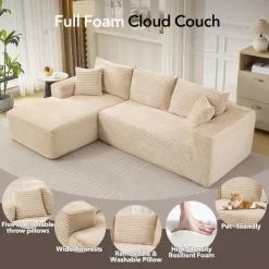 108" L-Shaped Corduroy Sectional Sofa - Plush Modular Couch With Left Chaise, No Assembly Required, Modern Lounge Sofa For Living Room -Garvee GUEST e98023a6 99bd 48e9 b61b 4ac1cb4b9432