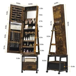 Garvee 360° Swivel Mirrored Jewelry Cabinet, Full Length Mirror With Jewelry Storage And Floor Standing Lock, Built In Makeup Mirror