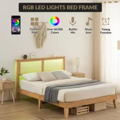 Rattan Bed Frame Full With Natural Rattan Headboard,Bohemian Rattan Full Size Bed Frame With LED Lights, With Silent Slats,No Box Spring Needed (Full) -Garvee GUEST ea8becbc 6e8b 482e a48c 000576444e18
