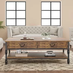 41" Rustic Coffee Table With 2 Storage Drawers, Rectangular Coffee Tables W/ Storage Shelf And Metal Legs, Wood Large Coffee Table For Living Room 13 41" Rustic Coffee Table With 2 Storage Drawers, Rectangular Coffee Tables W/ Storage Shelf And Metal Legs, Wood Large Coffee Table For Living Room -Garvee GUEST ea90cbde a274 4613 b946 8a83fce98bb7