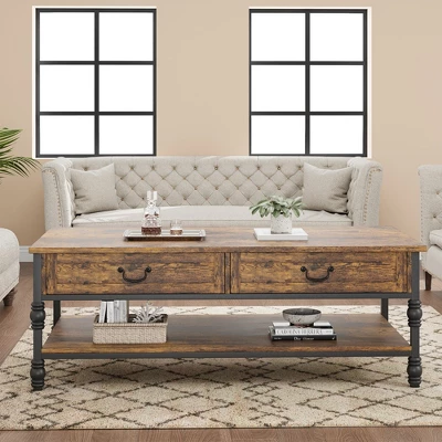 41" Rustic Coffee Table With 2 Storage Drawers, Rectangular Coffee Tables W/ Storage Shelf And Metal Legs, Wood Large Coffee Table For Living Room 5 41" Rustic Coffee Table With 2 Storage Drawers, Rectangular Coffee Tables W/ Storage Shelf And Metal Legs, Wood Large Coffee Table For Living Room - Image 3