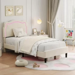 Garvee Twin Velvet Platform Bed - Adjustable Bear Headboard With RGB LED Lights, Noise-Free Kids Bed Frame, No Box Spring, Off-white -Garvee GUEST eacfcead 5320 43e2 aae8 9f8afd775b4f