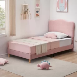 Pink Twin Bed Frame For Kids, Upholstered Platform Bed With Cute Boucle Velvet Headboard For Girls