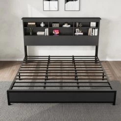 King Size Bed Frame With Bookcase Headboard, King Platform Bed With 2-tier Storage & Charging Station, No Box Spring Needed Easy Assemble,Black 12 King Size Bed Frame With Bookcase Headboard, King Platform Bed With 2-tier Storage & Charging Station, No Box Spring Needed Easy Assemble,Black -Garvee GUEST eb47dd04 95ff 4339 9883 248dd4aeed60
