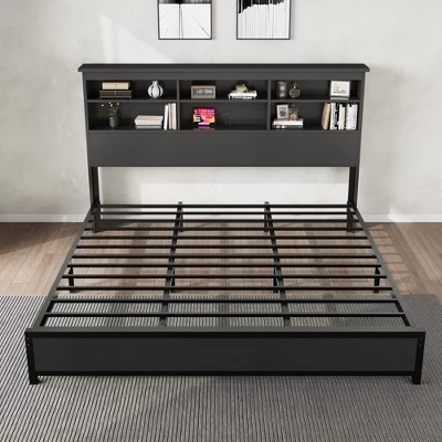 King Size Bed Frame With Bookcase Headboard, King Platform Bed With 2-tier Storage & Charging Station, No Box Spring Needed Easy Assemble,Black 7 King Size Bed Frame With Bookcase Headboard, King Platform Bed With 2-tier Storage & Charging Station, No Box Spring Needed Easy Assemble,Black - Image 5